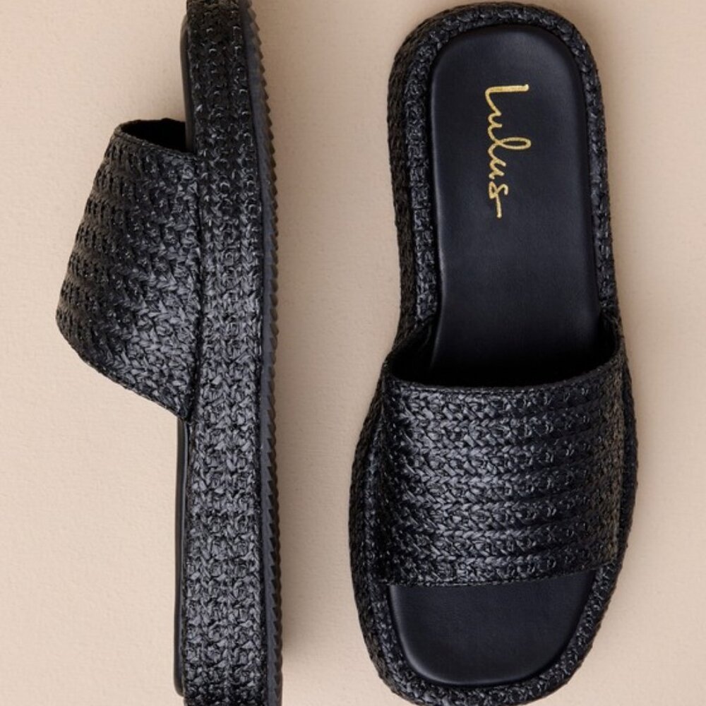 Lulus Lolani Black Raffia Platform Slide Sandals - Size 7
